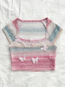 Soleia 女士夏季漸變色蝴蝶短袖休閒T恤，假日風情 - 彩色 - 查看 3