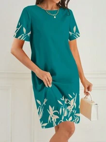 EMERY ROSE Plants Print Short Sleeve Dress For Summer - Teal Blue - View 3