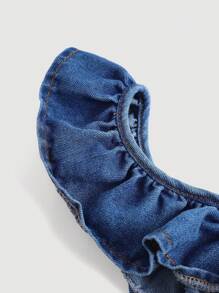 SHEIN Juniors' Casual Holiday Denim Top With Ruffle Trim