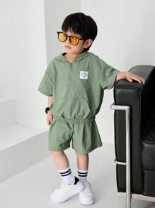 SHEIN 2pcs/Set Young Boy's Casual College-Style Hooded Sun-Protective Short-Sleeved Top & Shorts,Comfortable Versatile Soft Simple Fashionable Green Summer - Khaki - View 6