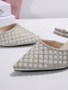 New Stylish Rhinestone & Faux Pearl Pointed Toe High Heel Mules, Suitable For Dates, Parties, Commuting And Business Wear, Spring/Autumn,Kitten Heels - Silver - View 5