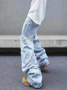 Manfinity ZONE917 男士宽松休闲牛仔裤，带原始下摆和贴袋，纯色长款水洗宽松浅蓝色工装牛仔裤，适合丈夫、男朋友的礼物 - 淺色水洗藍 - 查看 3