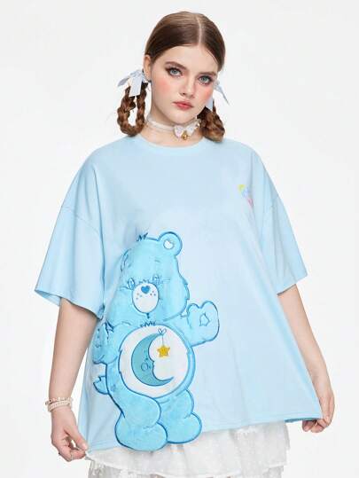 ROMWE X Care Bears Camiseta con caída de hombros con bordado de oso de peluche suave y lindo talla grande