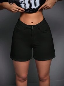 SHEIN PETITE Women's Casual Loose Fit Denim Shorts With Pockets - Black - View 1