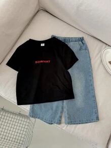 SHEIN 2入組嬰兒男童休閒Sowhat標語T卹和寬鬆牛仔褲套裝，春夏款 - 黑色 - 查看 2