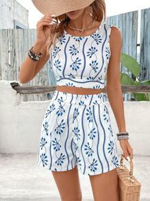 SHEIN VCAY Floral Print Tank Top & Shorts - Blue and White - View 3