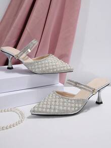 New Stylish Rhinestone & Faux Pearl Pointed Toe High Heel Mules, Suitable For Dates, Parties, Commuting And Business Wear, Spring/Autumn,Kitten Heels - Silver - View 3