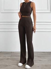 EURMUSE Casual Solid Color Tank Top And Pants 2Pcs Set - Brown - View 4