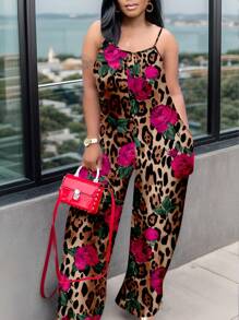 Slaydiva Plus Size Printed Jumpsuit, Summer Suitable For Going Out Leopard Print