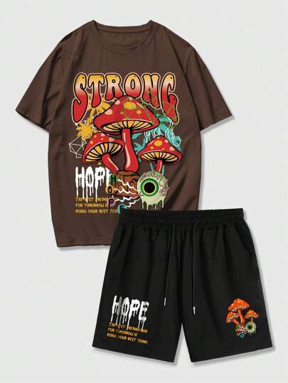 Street Life Men Mushroom Letter Graphic Tee & Drawstring Waist Shorts, School