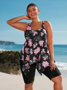 Swim Lushoire Conjunto de tankini de traje de baño de talla grande con Top de estampado floral y estilo vacacional y shorts de unicolor, para el verano