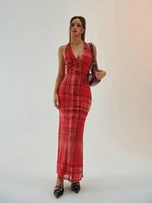 Aloruh New Elegant And Retro Plaid Sheer Floral Print Dress With Sashes, Sexy Open Back And Waist-Cinching Design
