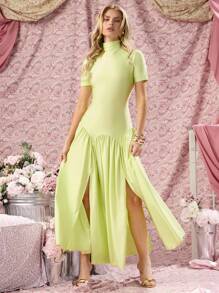 COSMINA Elegant Women's Fall High Neck Solid Color Ruched Split Long Party Gala Cocktail Dress