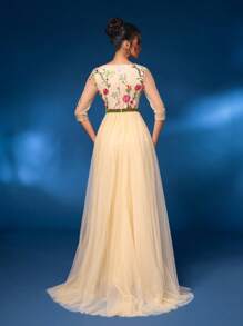 Glamrae 优雅杏色网眼刺绣花卉图案透视长袖 V 领连衣裙，带胸垫，撞色腰带，修身美人鱼风格，网眼下摆和拖尾，适合婚礼、活动、正式晚宴舞会晚会婚礼宾客礼服，适合毕业典礼 - 杏色 - 查看 3