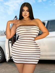 Allurite 大尺碼針織無肩帶毛衣裙 - 卡其色 - 查看 1