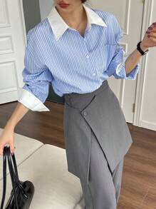 DAZY 女士条纹印花落肩衬衫长袖上衣 - 藍色 - 查看 4