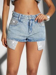 Denimoi 女士鑲有鑽石的口袋休閒牛仔短褲