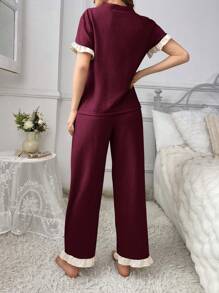 拼色滚边 V 领短袖睡衣套装 睡衣套装 休闲套装 - 酒紅色 - 查看 2