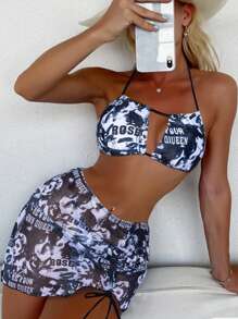 SHEIN Swim 女士泳衣套装，随机印花，3 件夏季 - 黑與白 - 查看 1