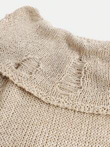 SHEIN Teen Girls Khaki Sequin Knitted Dress With Hollow-Out Long Sleeves And Off Shoulder, - Khaki - View 7