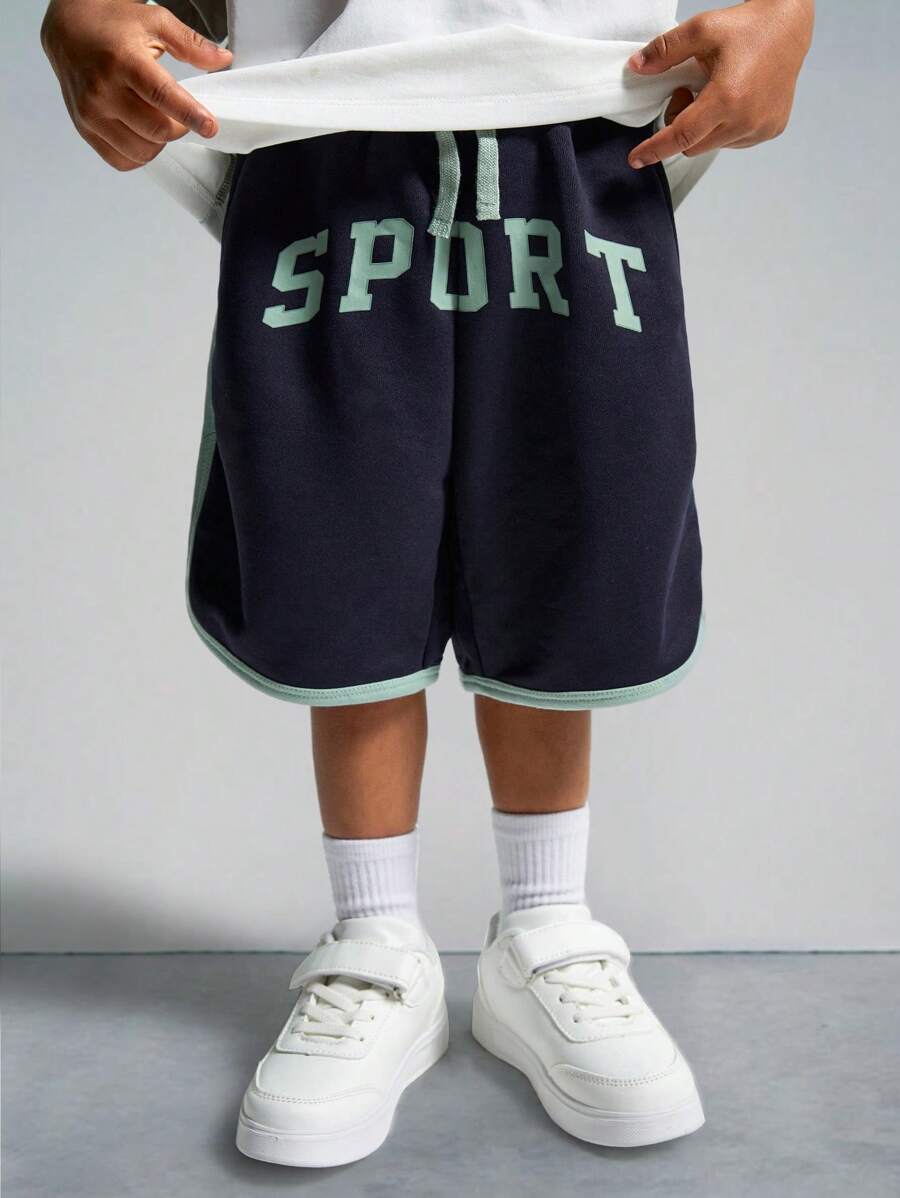 SHEIN Young Boy Knitted Color Block Letter Printed Elastic-Waist Sports Shorts With Pockets