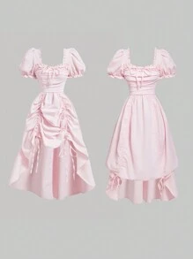 SHEIN MOD Summer Rave Festival Many Ways To Wear Pink Puff Sleeve Dress With Asymmetrical Hem, Ruched Front And Back, Long In The Back And Short In The Front - Pink - View 1