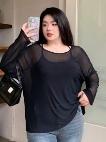 Dazy Plus 加大码宽松纯色长袖上衣，大圆领，透视细节，外出上衣，返校服装，秋季女装 - 黑色 - 查看 7