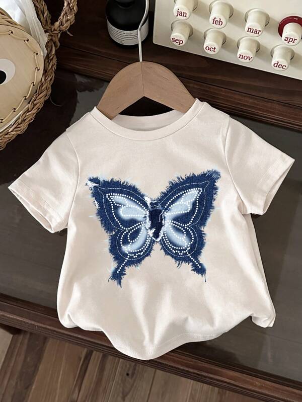 SHEIN Baby Girl Casual & Cute White Short Sleeve Butterfly Pattern Round Neck T-Shirt, Summer