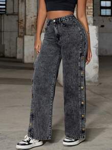 Rave Y2K 复古高腰金属扣侧开衩口袋阔腿牛仔裤，舒适日常休闲春季款 - 灰色 - 查看 3