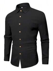 Men's Linen / Bohemian Style Long Sleeve Shirt, For Fall - Black - View 3