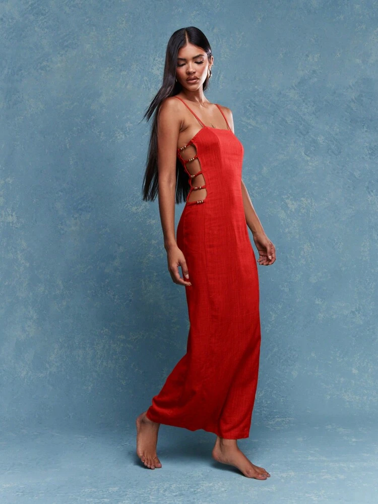 MISSGUIDED Metal Beads Detail Linen Side Cut-Out Bodycon Cami Maxi Dress  ChristmasMISSGUIDED