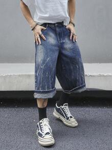 Manfinity EMRG Men's Loose Fit Wide Leg Denim Shorts With Pockets, Knee Length - Medium Wash - View 8