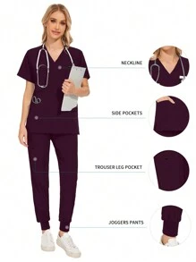 Doctor/Nurse Surgical Uniform Set, Hospital Surgical Gown, Multicolor Women's Surgical Uniform Set, Doctor Uniform Top + Pants - Burgundy - View 1