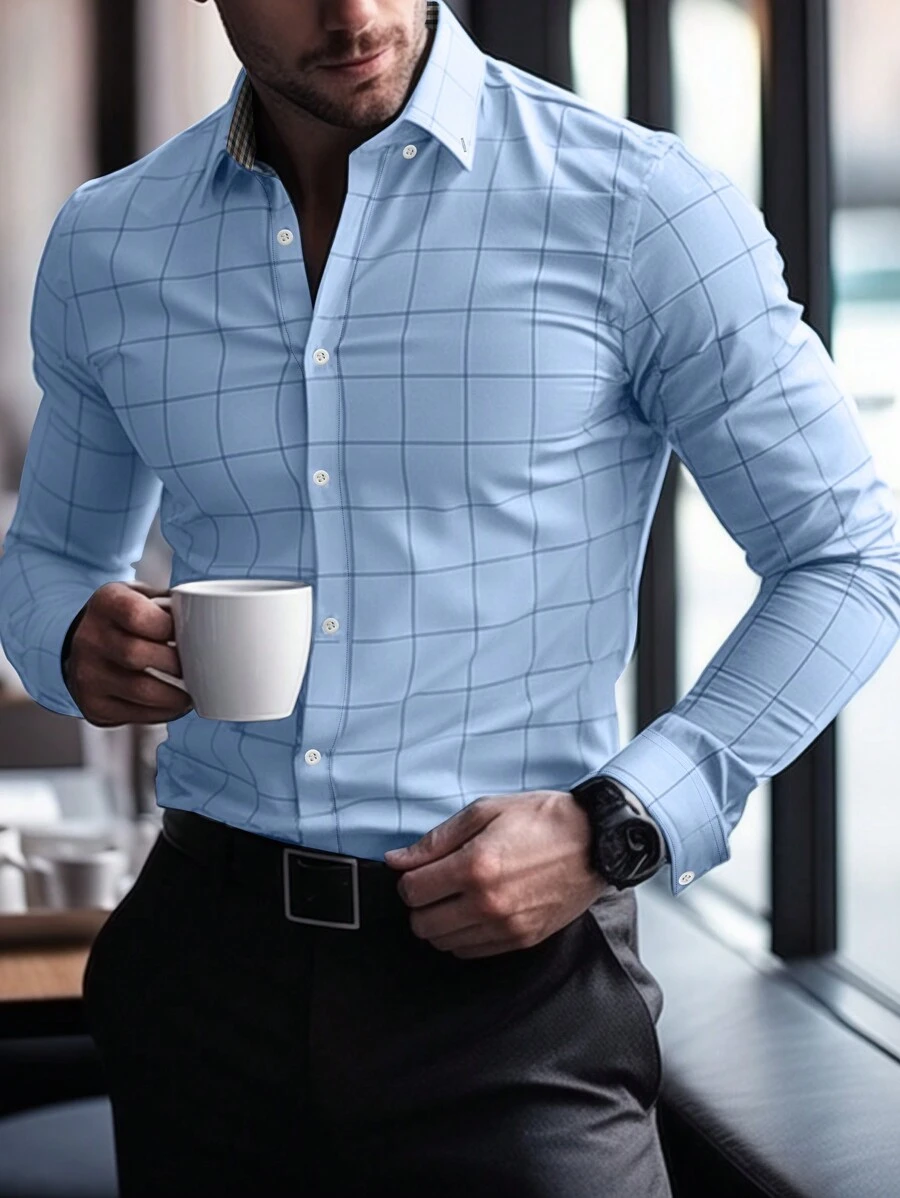 Manfinity Mode Men Plaid And Simple Graphic Long Sleeve Collar Formal Shirt, For Dad And Me, Old Money For Work, Daddy, Fall, Ceremony - Baby Blue - View 1