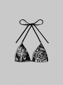 ROMWE Grunge Punk Women's Sexy Crop Top With Floral Cross Pattern, Halter Neck, School Graphic Tees Women Tops - Black - View 4