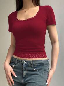INAWLY 女士夏季對比花邊方領短袖修身紅色T恤上衣