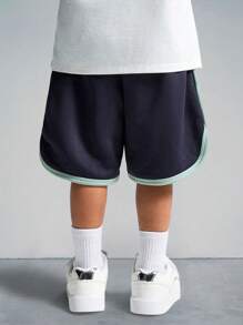 SHEIN Young Boy Knitted Color Block Letter Printed Elastic-Waist Sports Shorts With Pockets