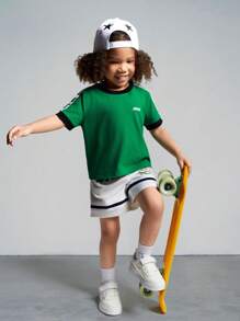 SHEIN Young Girl Knitted Patchwork T-Shirt With Color Contrast Letter Print And Woven Belt Shorts Casual Two-Piece - Multicolor - View 6