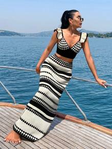 Women Beach Cover Up Top And Skirt Set Cruise Outfits, For Summer Vacation - Black and White - View 1