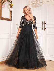 Đầm dạ hội XUIBOL dáng chữ A tay dài cổ chữ V sang trọng, phối sequin tương phản, viền lưới, thích hợp cho các buổi tiệc thanh lịch, tiệc cocktail tay dài, đầm dự tiệc cưới màu đen trang trọng, phù hợp cho lễ tốt nghiệp, tiệc gala và các dịp khác. - màu đen - Xem 7