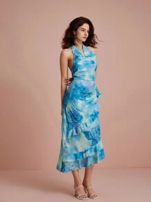 GENKIRA Vestido de verano con estampado aleatorio, cuello drapeado con 3D flores, volantes y bajo asimétrico - Azul - Ver 3