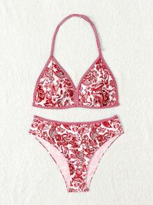 Teen Girls Paisley Print Halter Triangle Bikini Set Summer Beach - Multicolor - View 3