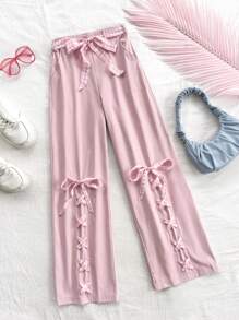 Soleia Quần ống rộng kiểu dáng ca rô chắp vá dành cho nữ có thắt lưng thắt nơ ngọt ngào - Hồng - Xem 1