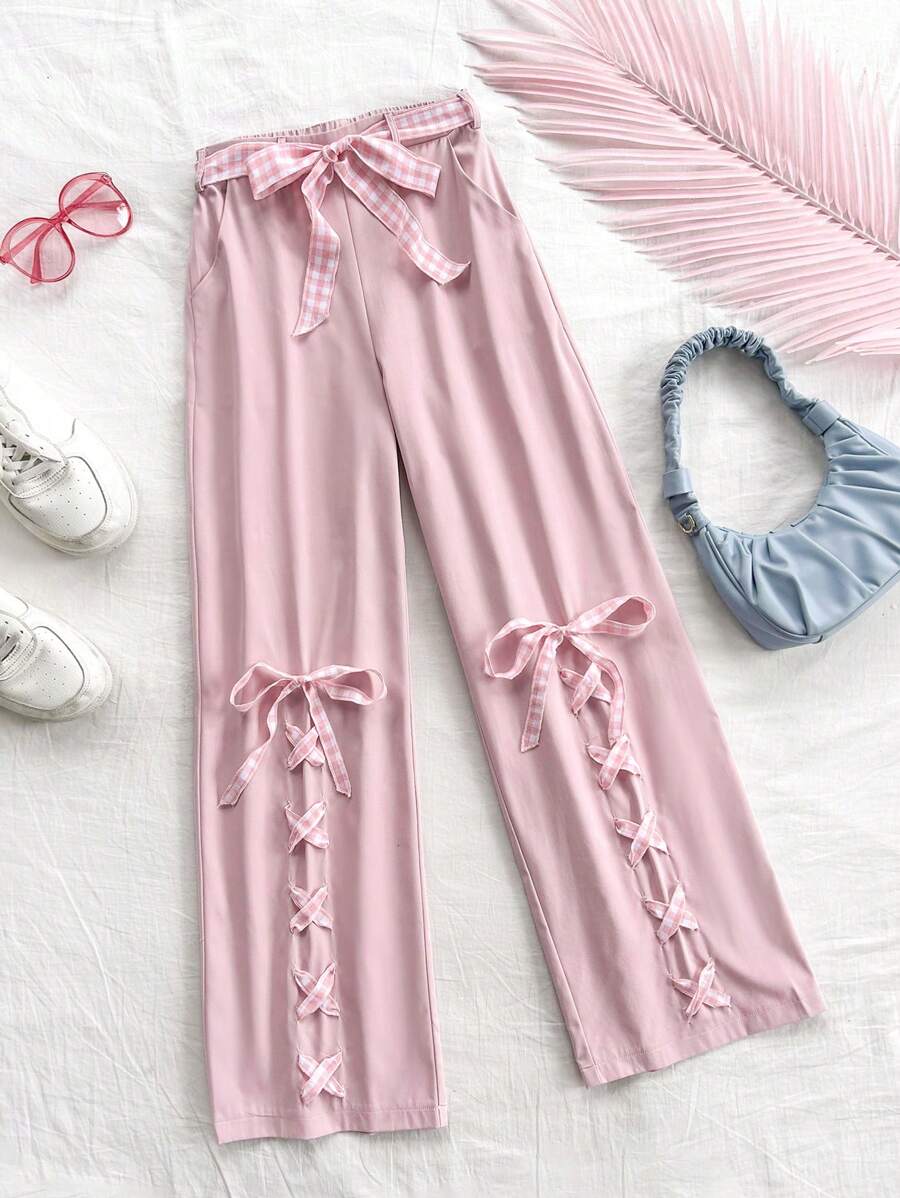 Soleia Quần ống rộng kiểu dáng ca rô chắp vá dành cho nữ có thắt lưng thắt nơ ngọt ngào - Hồng - Xem 1