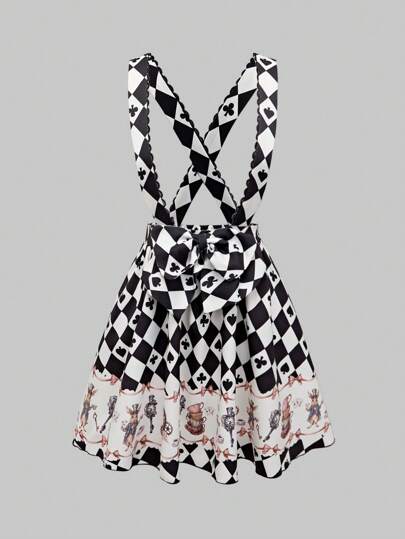 Kawaii Kariertes und bedrucktes Pinafore-Kleid, Schulbekleidung