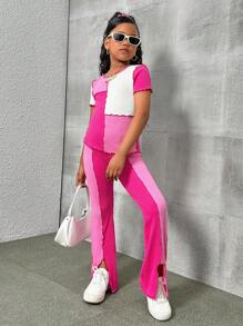 SHEIN Leap Crew Tween Girl 休閒圓領短袖T恤和褲子套裝，彩塊設計 - 玫紅色 - 查看 5