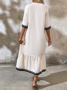 SHEIN LUNE Mùa hè dành cho nữ sọc tua rua cổ chữ V Raglan tay áo dài tay xù xù viền dài - trắng - Xem 2