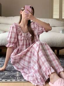 DAZY Plaid Print Ruffle Trim Puff Sleeve Nightdress, Pajama, Moo Moo - Pink - View 3