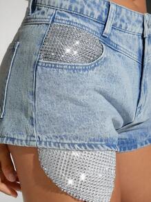 Denimoi 女士鑲有鑽石的口袋休閒牛仔短褲