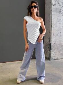 Hauture Blusa asimétrica de punto acanalado con un solo hombro descubierto para mujer - Blanco - Ver 5